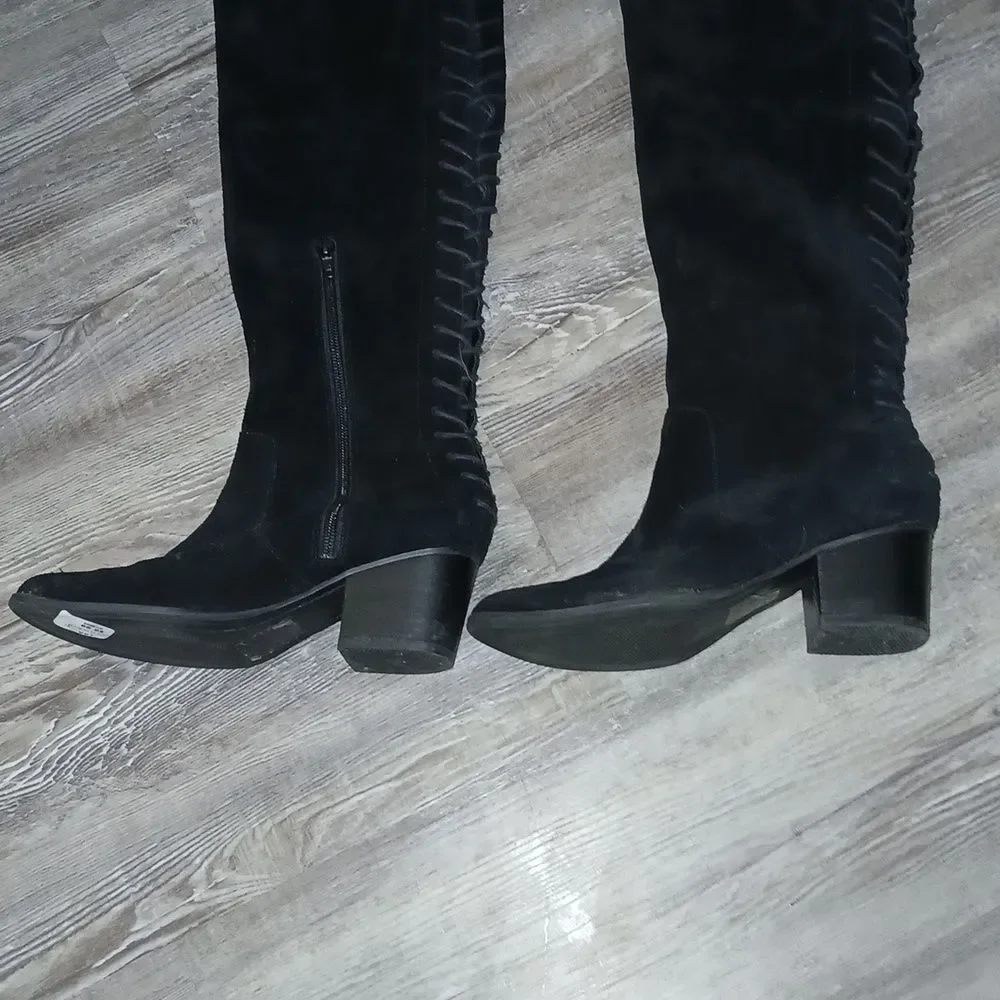 ALDO Bresa suede black over the knee lace laced back block heel boots  Sz 6.5